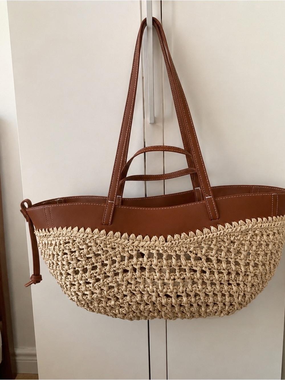 Polene Woven Straw Crossbody Tote with Brown Leather Trim - Picture 3 of 4